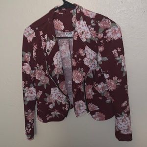I am selling a burgundy floral jacket.